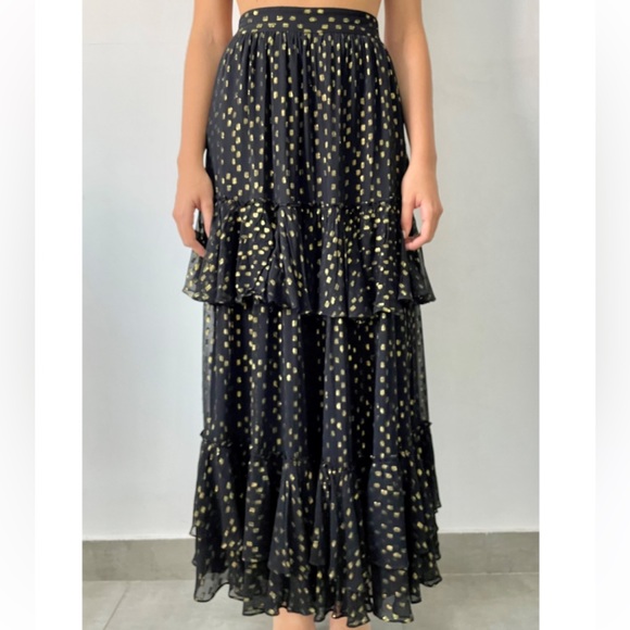New Rococo Sand x Free People Aine Lg 14/16 Black Gold Metallic Tiered Maxi - Picture 2 of 12